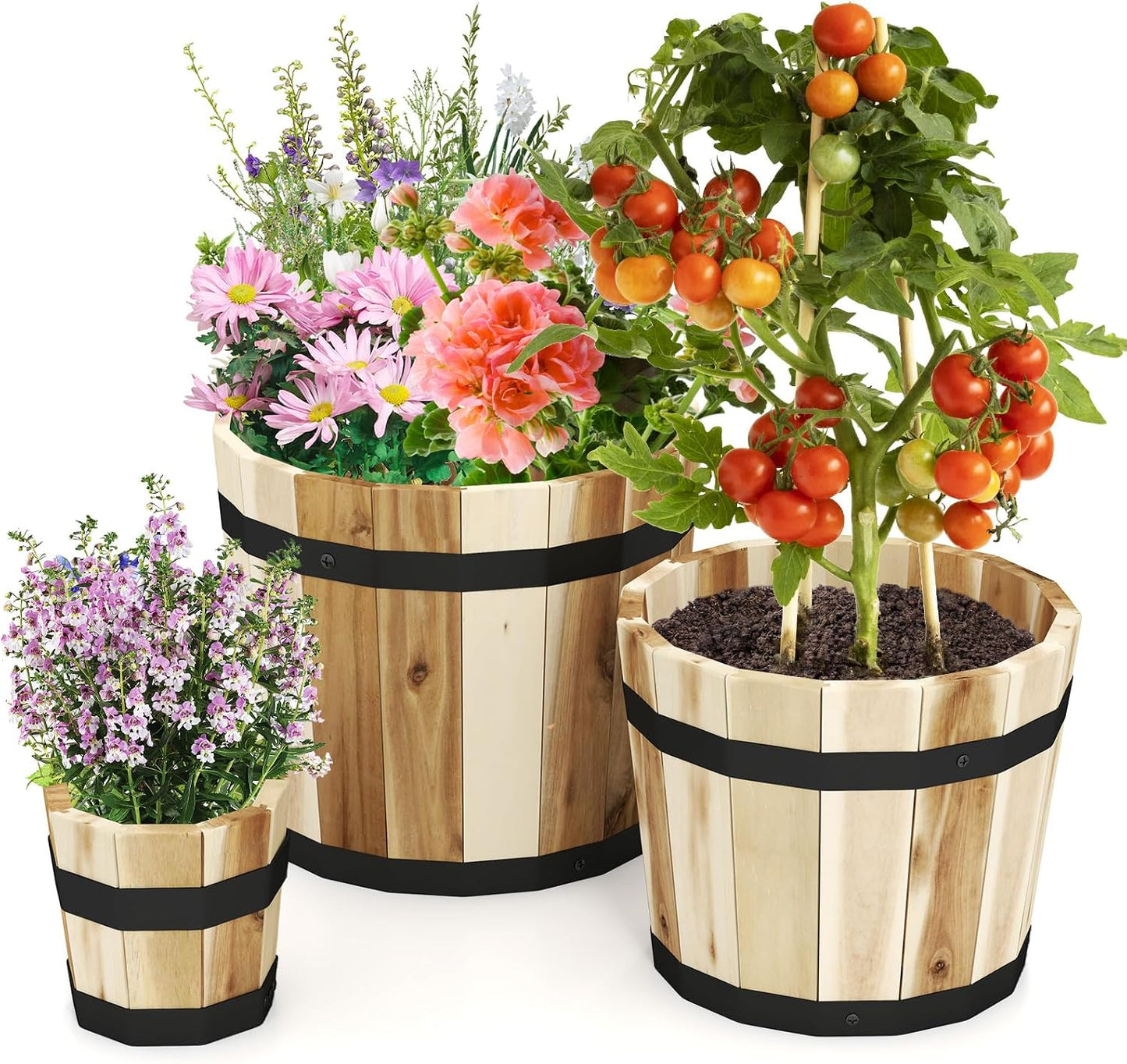Wooden Plant Pots, 3 Solid Acacia Wood Whiskey Barrel Planters W/Drainage Holes for Flower Herb Shrub, Multi Sizes Indoor Outdoor Patio Planting Flower Pots Home Decoration