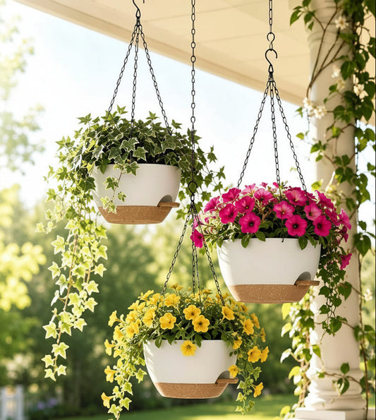 12 Inch Self Watering Hanging Planters 2 Pack, White Brown | Plastic Planters with Drainage Holes and Saucers. Suitable for Indoor, Outdoor, Kitchen, Balcony and Garden Plant Decor.