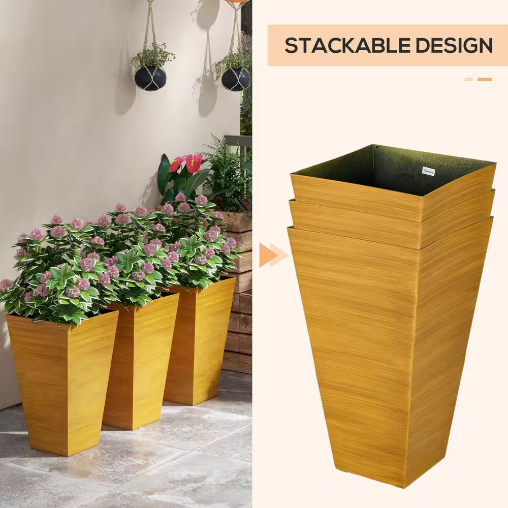 28 In. Tan Faux Wood Plastic Outdoor Planters, Large Taper Planters W/ Drainage Holes Plug for Garden, Patio, (Set of 3)