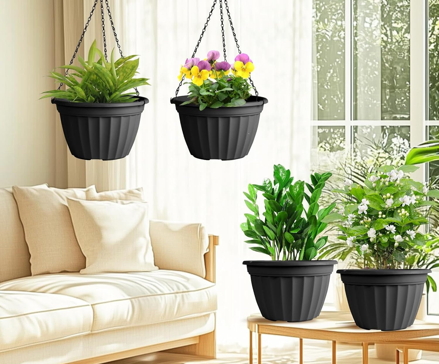 Hanging Planters 10 Inch 4 Pack,Hanging Baskets for Plants Outdoor | Self Watering Plastic Hanging Flower Pots with Soil Elevator and 20" Chain for Home Garden Porch Balcony Patio Decor(Black)