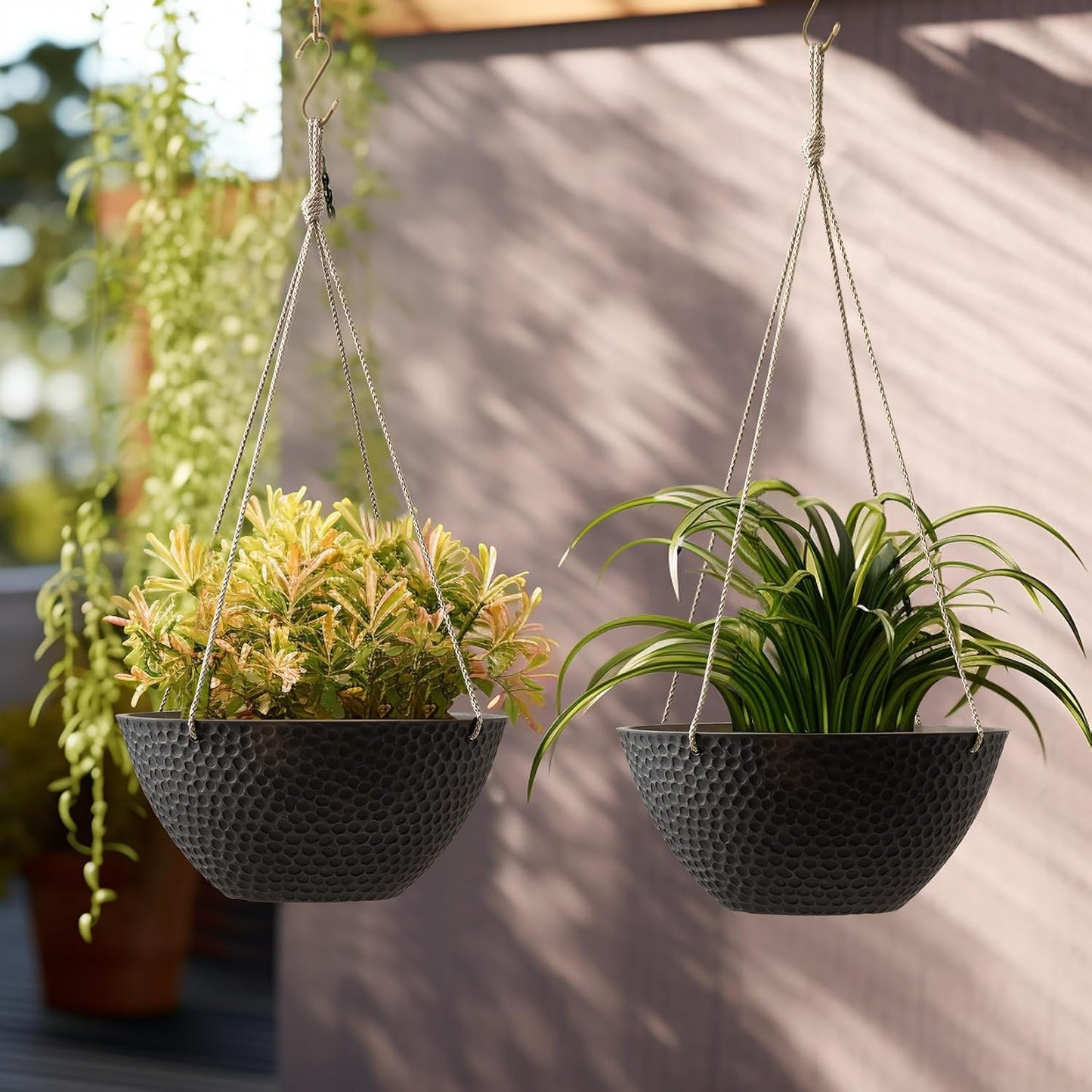 Hanging Planters for Outdoor Plants, Large Hanging Planter with Drain Holes, Outdoor Hanging Flower Pots, Matte Black, Honeycomb (13.2 Inch, Set of 2)