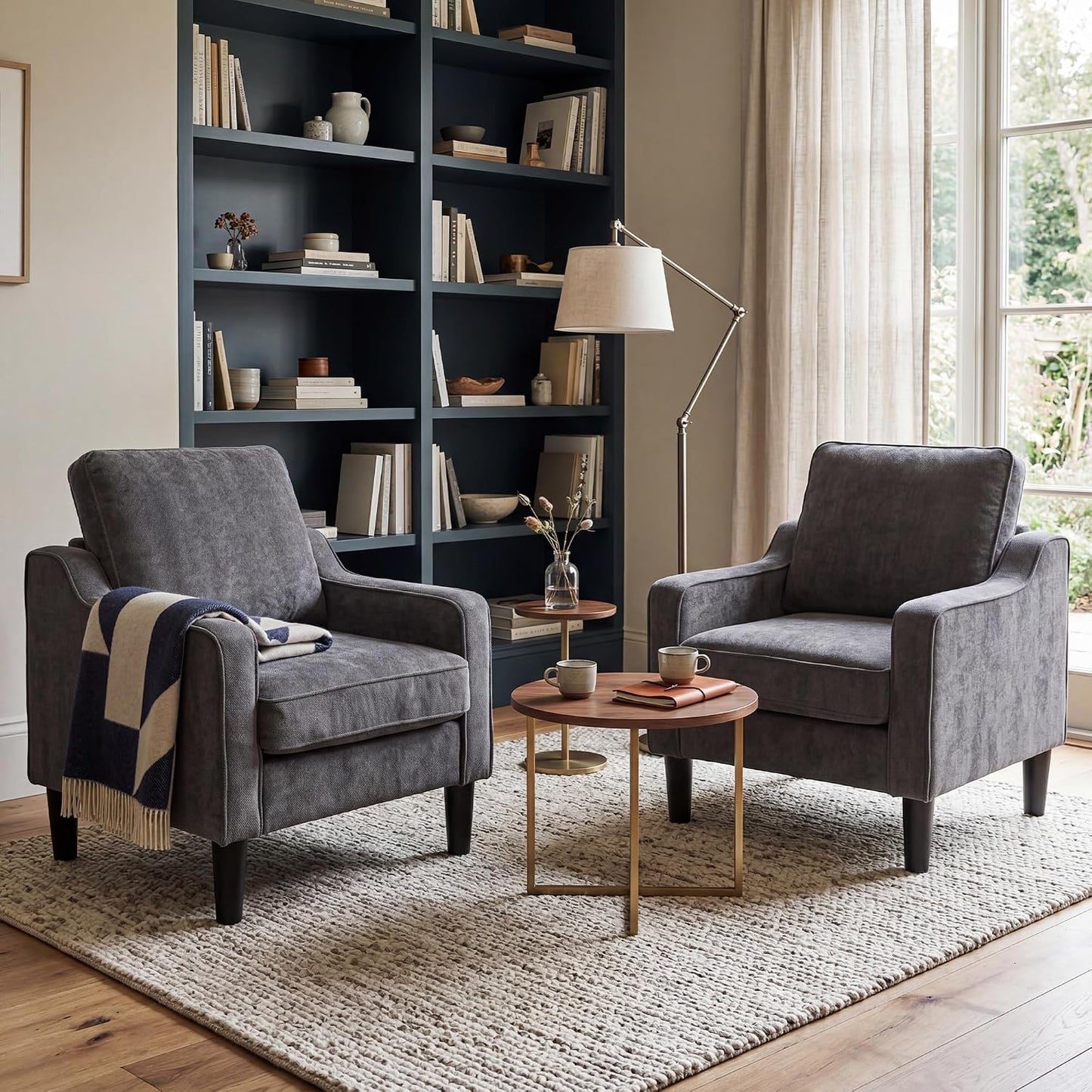 Dark Grey Accent Chairs Set of 2, Comfy Arm Chairs for Living Room, Office |  Club Chair, Reading Chairs for Bedroom, Waiting Area Seating, Small Space Office Chairs, Supportive Wide Seat