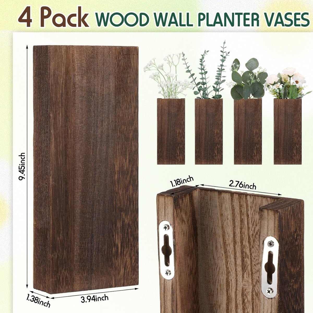 4 Pack Wood Wall Planter for Dried Flowers and Artificial Greenery Indoor Plants Holder, Wood Wall Decor Wooden Pocket Vase Modern Farmhouse Hanging Flowers for Living Room Bedroom Home