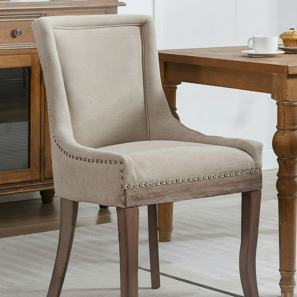 Beige Dining Chairs Set of 2, Fabric Upholstered Kitchen Chairs | High Back; Nailhead Trim; Solid Wood Legs; Farmhouse Style; Heavy Duty Dining Chairs 400 Lb Capacity;Easy Assembly;Modern