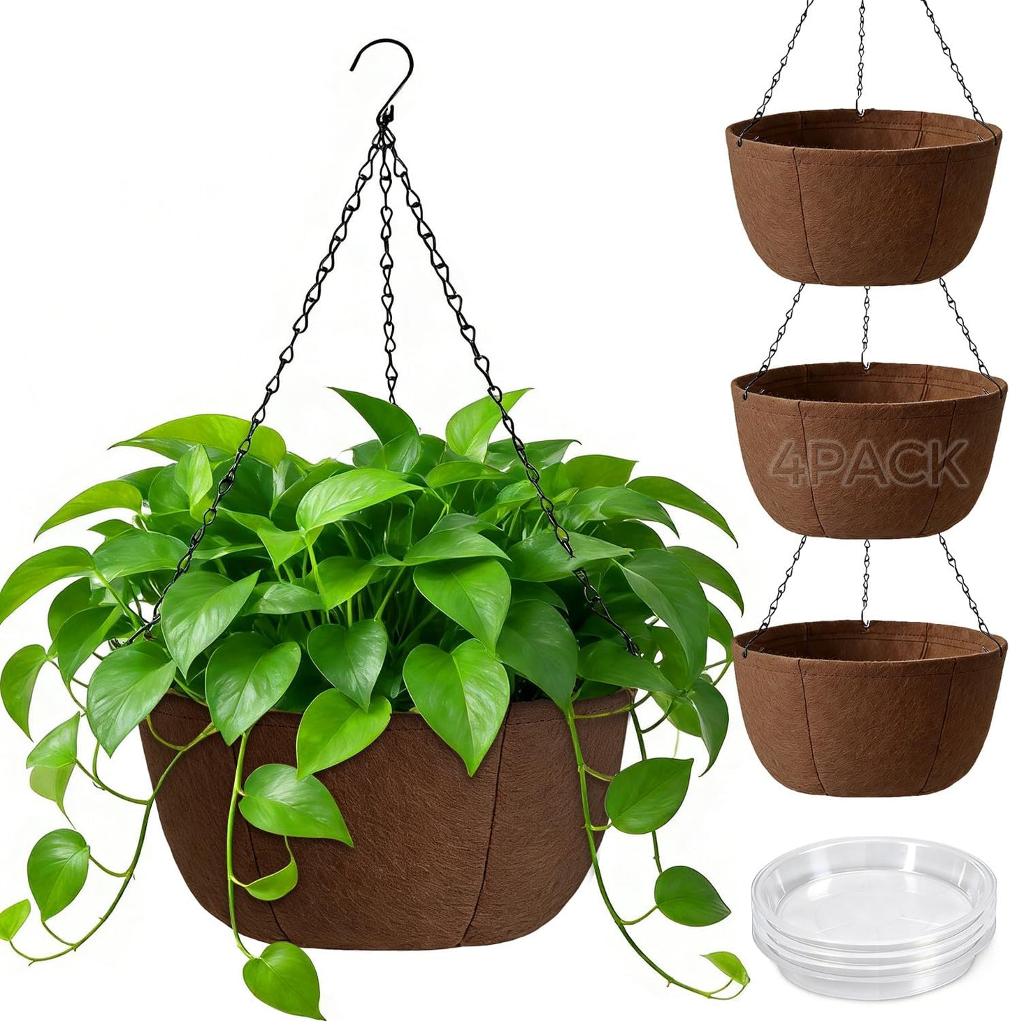Hanging Planters for Outdoor Plants, 10 Inch 4 Pack Fabric Hanging Baskets with Drainage Tray, Decorative Hanging Pots for Plants Outdoor Patio Porch Garden Use（Brown）