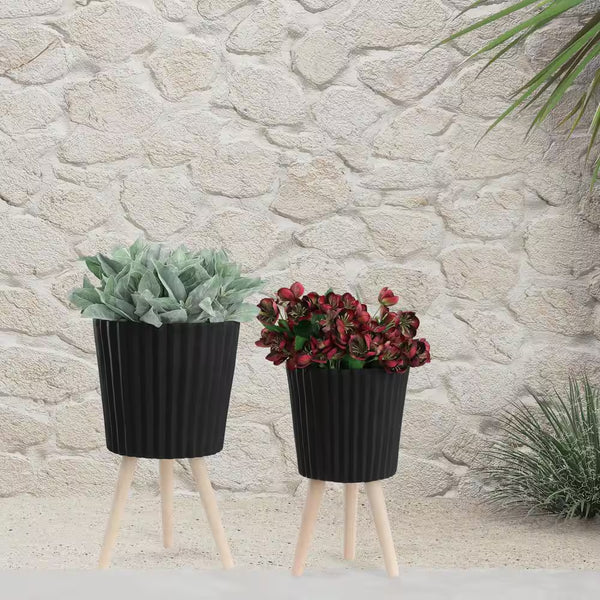 10 In. and 12 In. Black Resin Ridged Decorative Planter with Wood Legs (2-Pack)