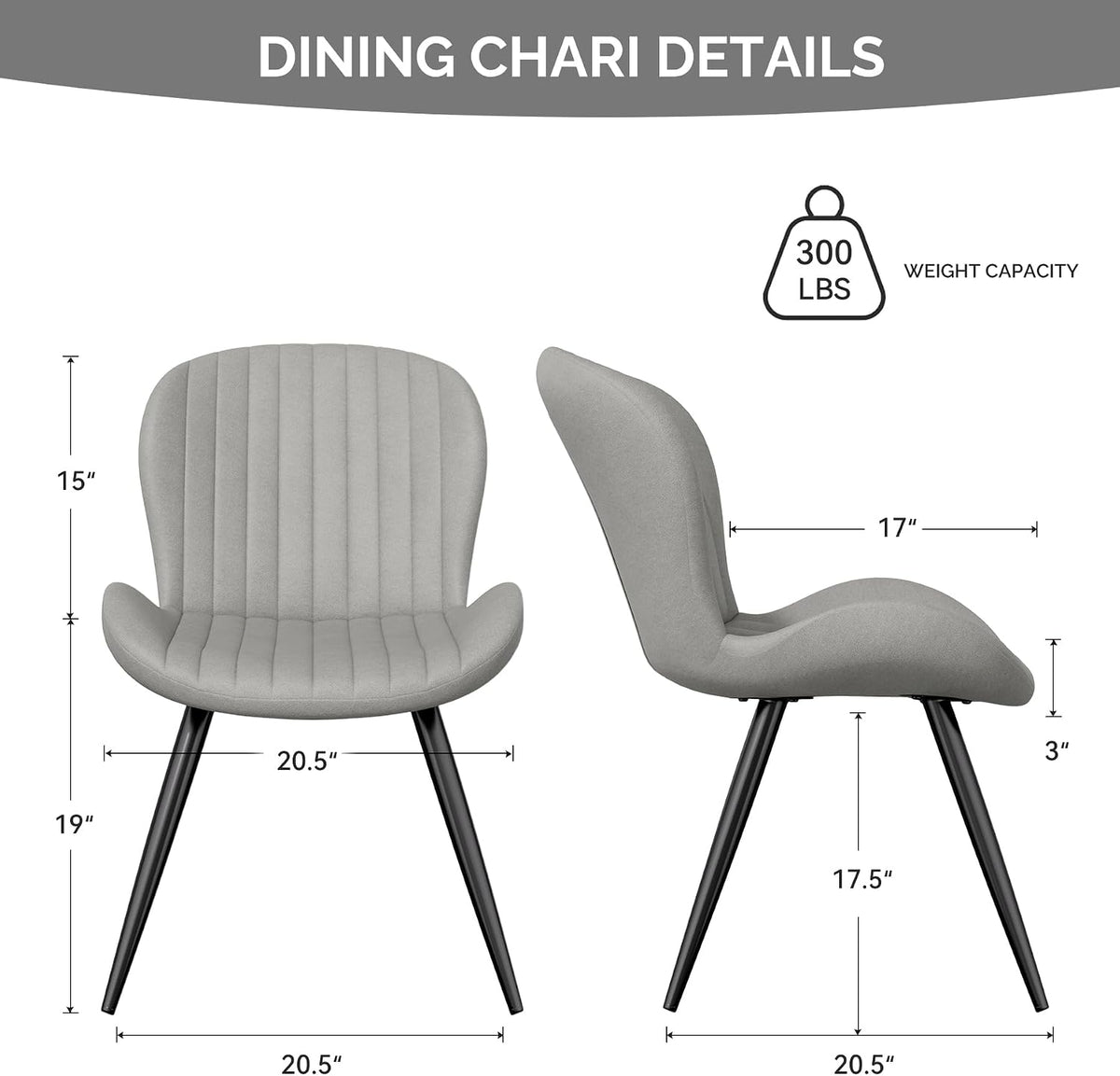 Upholstered Dining Chairs Set of 2, Dining Room Kitchen Chairs | Modern Dining Room Chairs, Comfy Backrest Thick Upholstered Kitchen Chairs, 19IN Height with Metal Legs, Grey