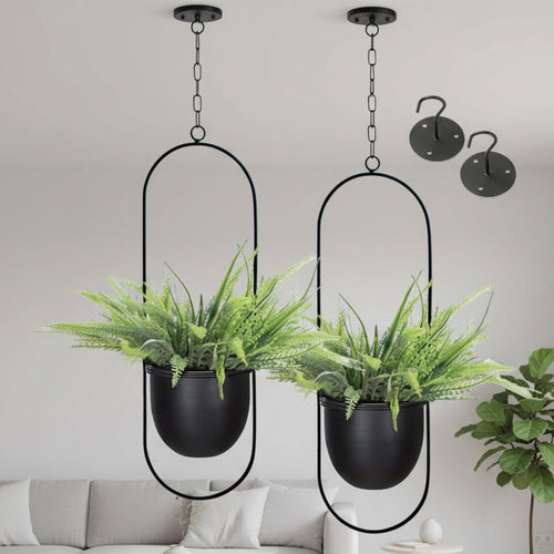 Shineloha 2 Pack Hanging Planters for Indoor Plants with 5.5" Pot + Ceiling Hook | Black Hanging Planter, Metal Plant Hanger, NO Plant Incld
