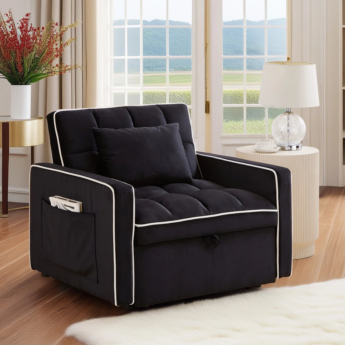 3-In-1 Convertible Chair Bed, Sleeper Chair Lounge Chair Indoor, Modern Single Pull Out Couch for Living Room, Black Velvet