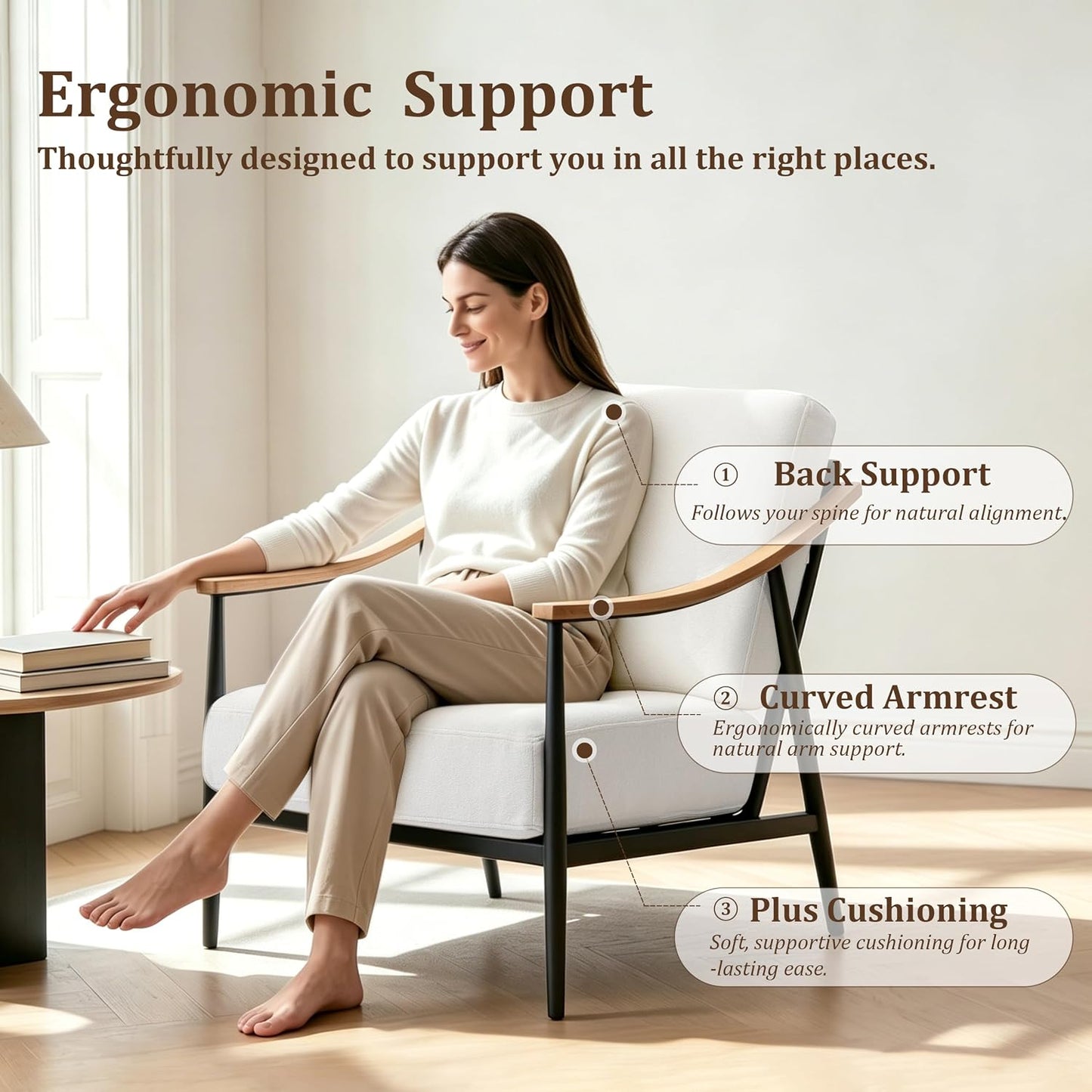 Modern Accent Chairs Set of 2 for Living Room Bedroom Mid Century Arm Chairs Upholstered Office Accent Chairs Comfy Waiting Room Chairs with Metal Frame, Cream White