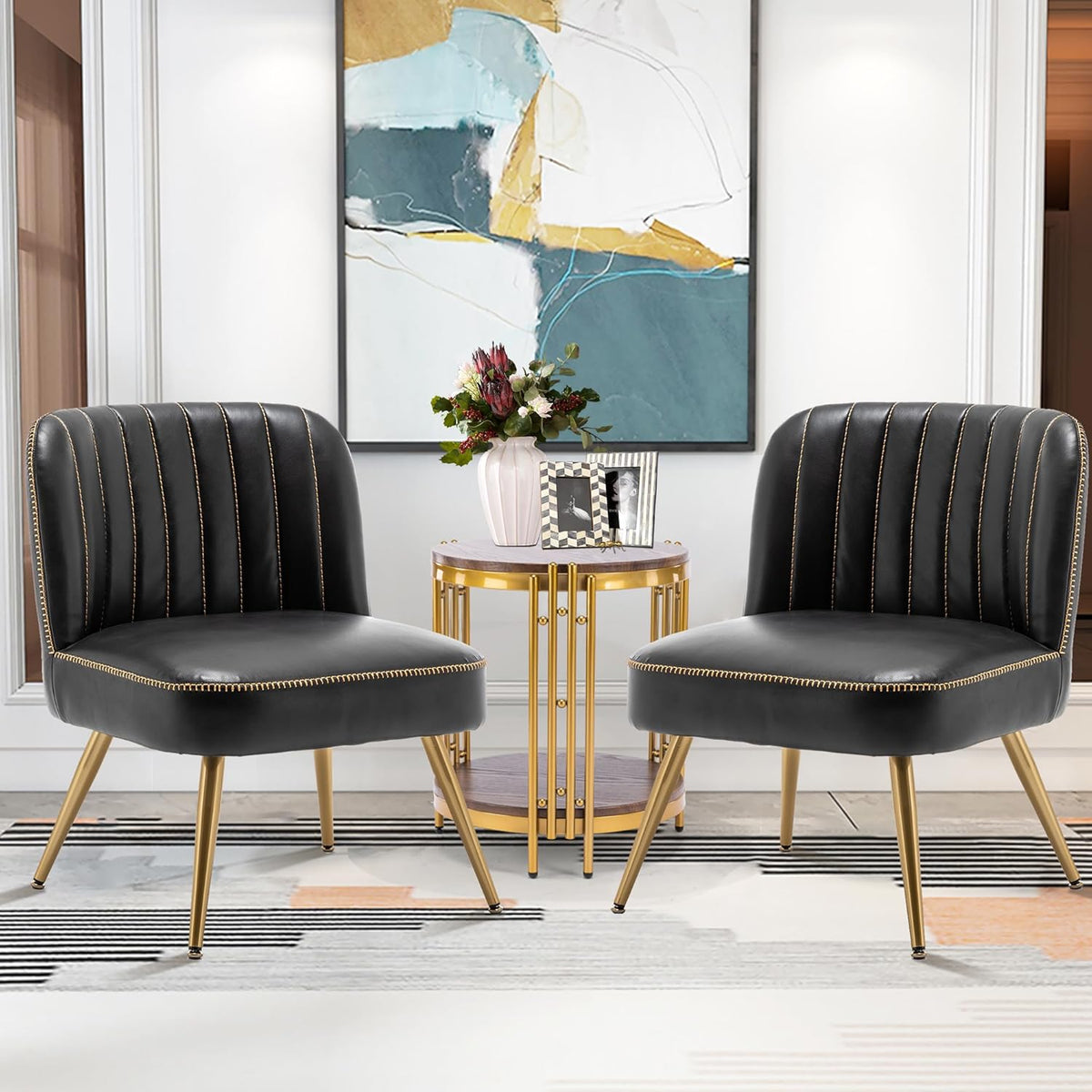 Faux Leather Accent Chairs Set of 2, Upholstered Living Room Chairs Modern Side Chairs Armless Chairs with Metal Legs (Black, Set of 2)