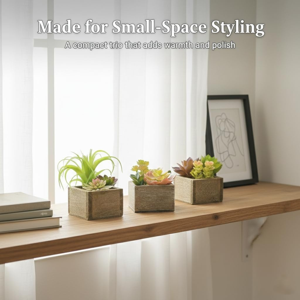 Artificial Succulents Indoor, Set of 3 Mini Potted Greenery in Rustic Wood Planters, Tabletop Accent for Office, Bathroom Shelf, Home Decor