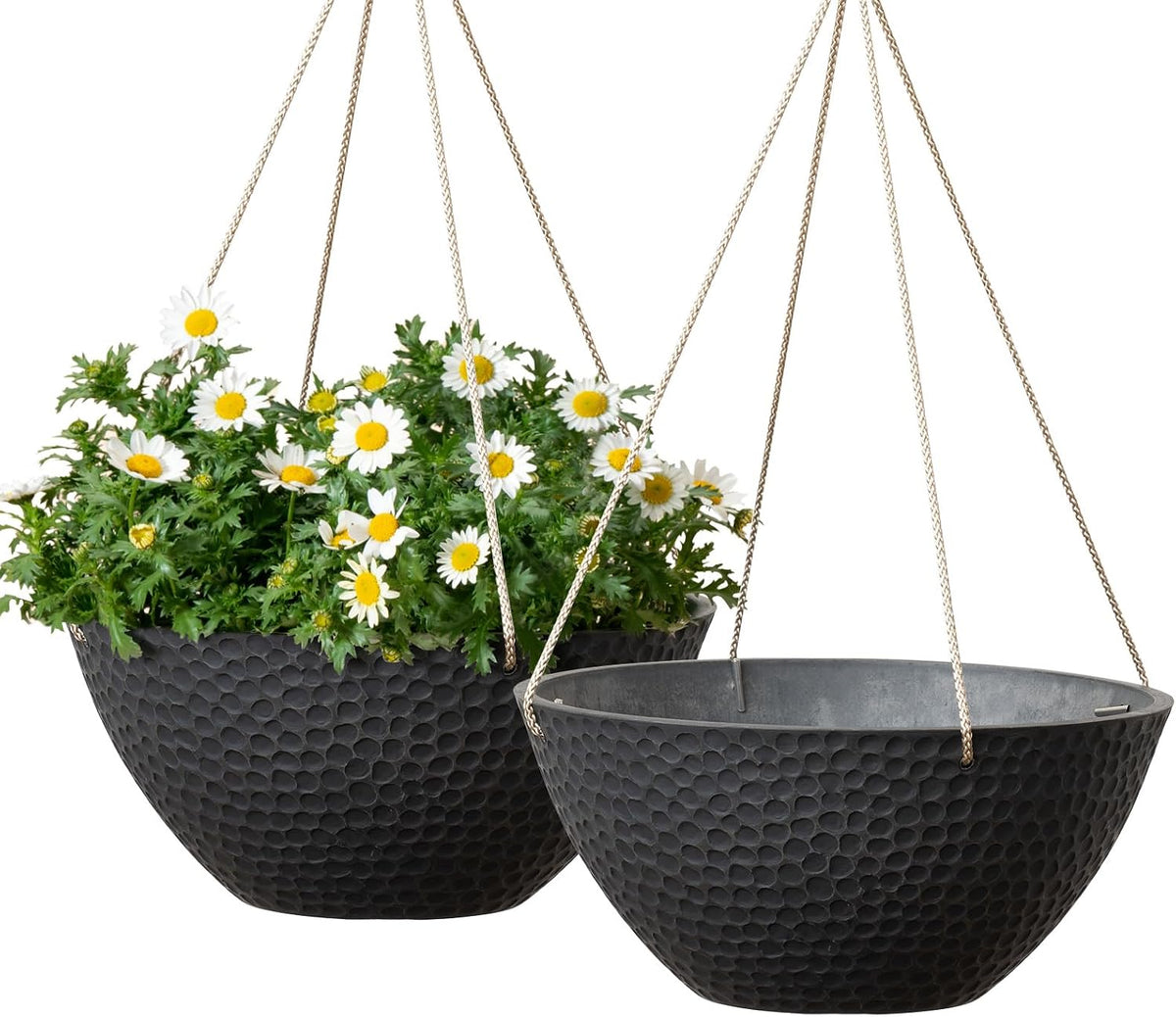 Hanging Planters for Outdoor Plants, Large Hanging Planter with Drain Holes, Outdoor Hanging Flower Pots, Matte Black, Honeycomb (13.2 Inch, Set of 2)