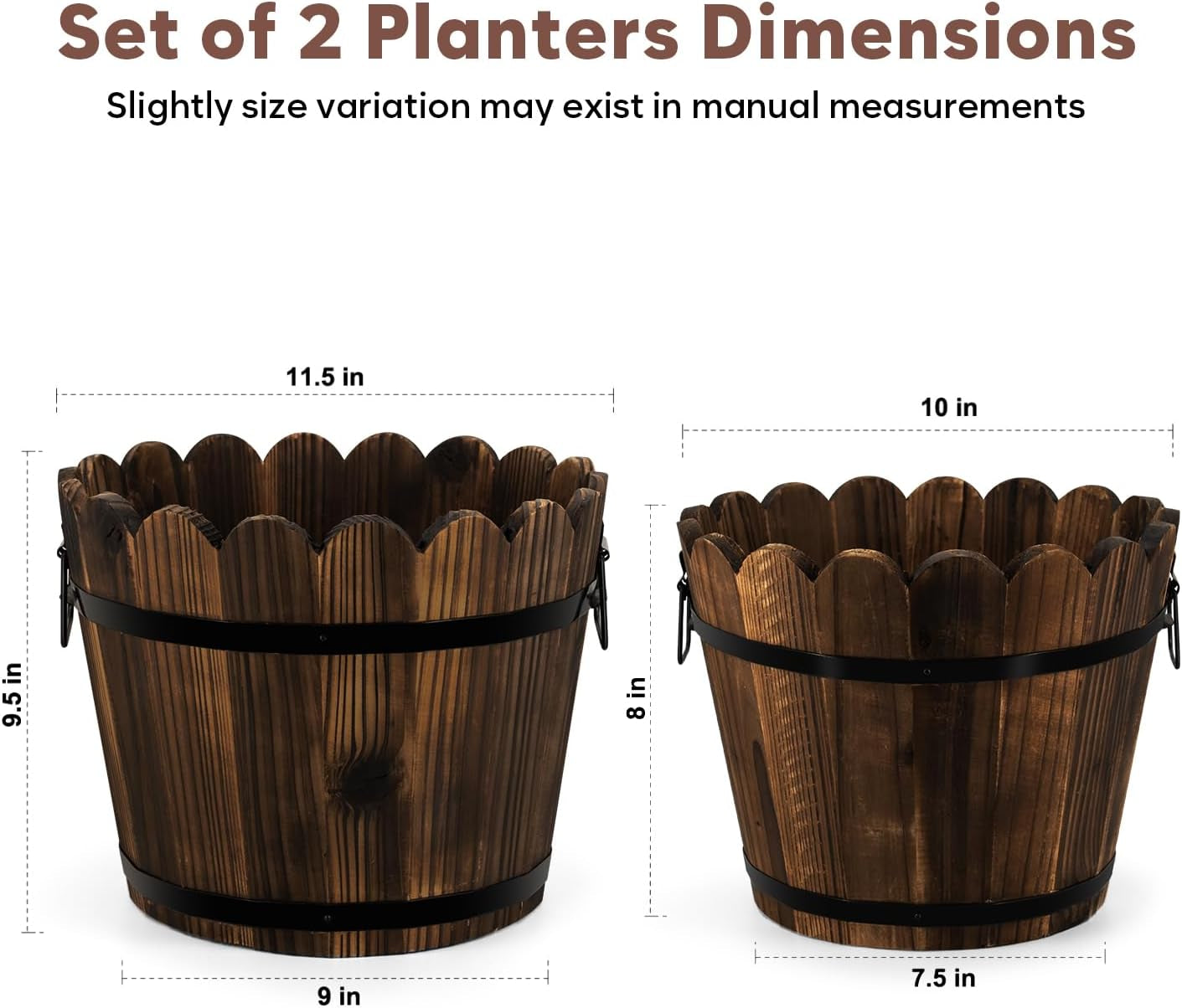 Wooden Barrel Planters Flower Pots for Indoor Outdoor Plants, 10+11.5 Inch Rustic Patio Garden Front Porch Planters Plant Pots Outdoor Decor Set of 2