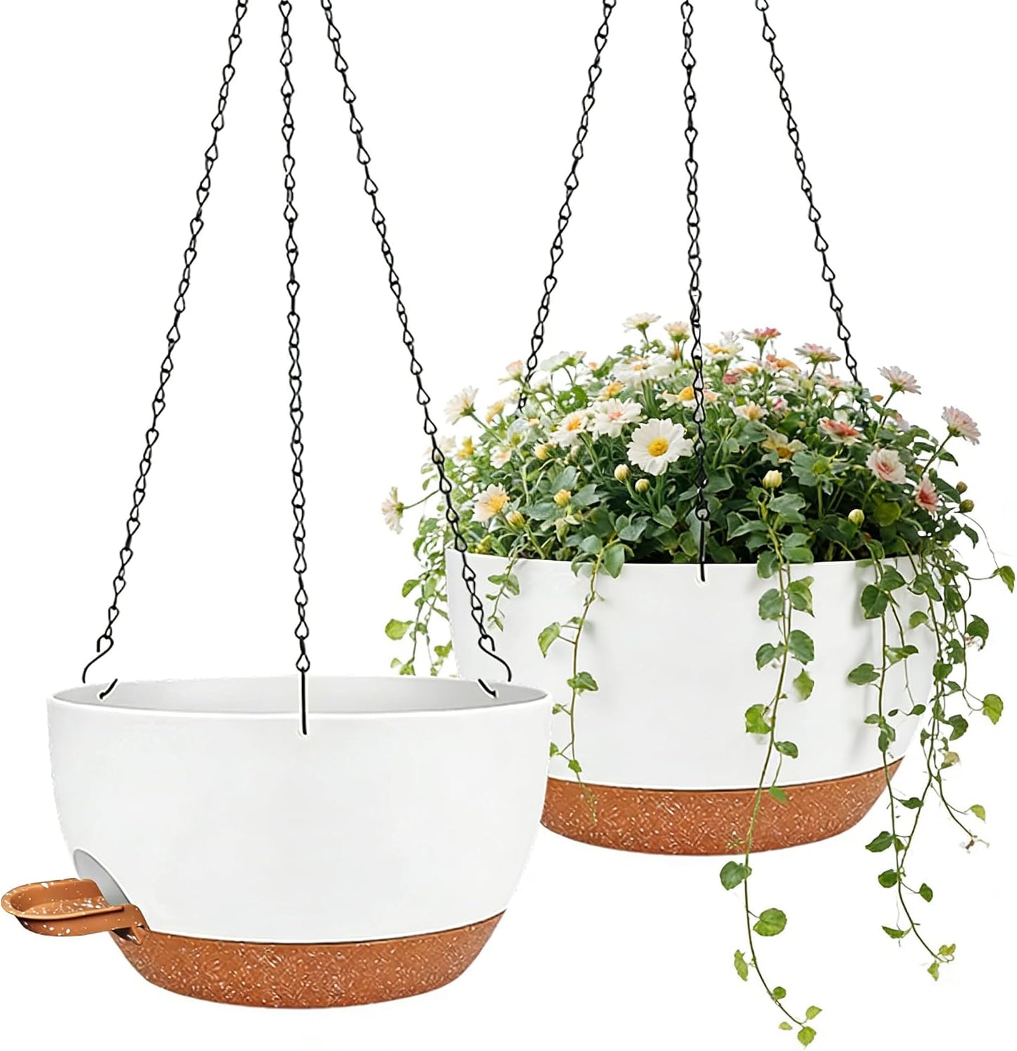 12 Inch Self Watering Hanging Planters 2 Pack, White Brown | Plastic Planters with Drainage Holes and Saucers. Suitable for Indoor, Outdoor, Kitchen, Balcony and Garden Plant Decor.