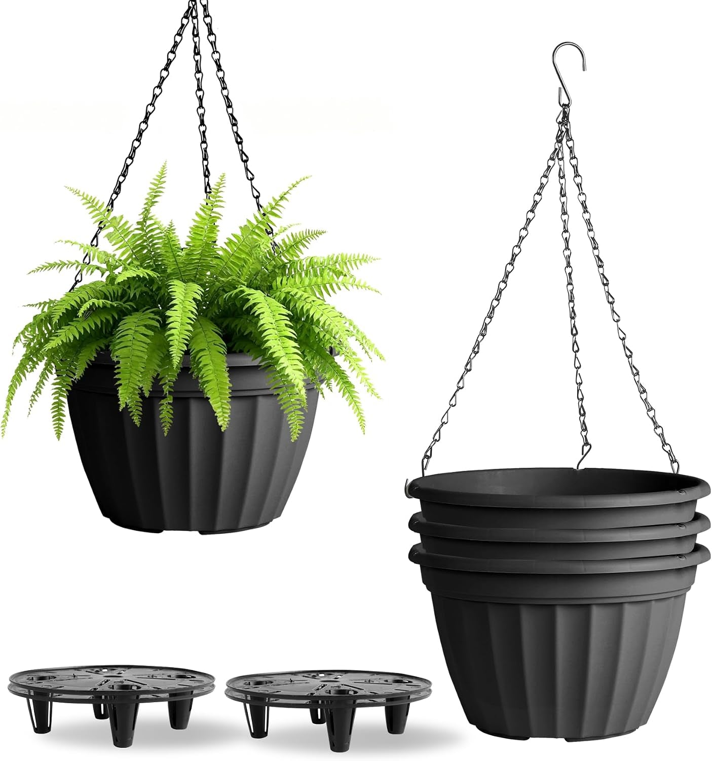 Hanging Planters 10 Inch 4 Pack,Hanging Baskets for Plants Outdoor | Self Watering Plastic Hanging Flower Pots with Soil Elevator and 20" Chain for Home Garden Porch Balcony Patio Decor(Black)