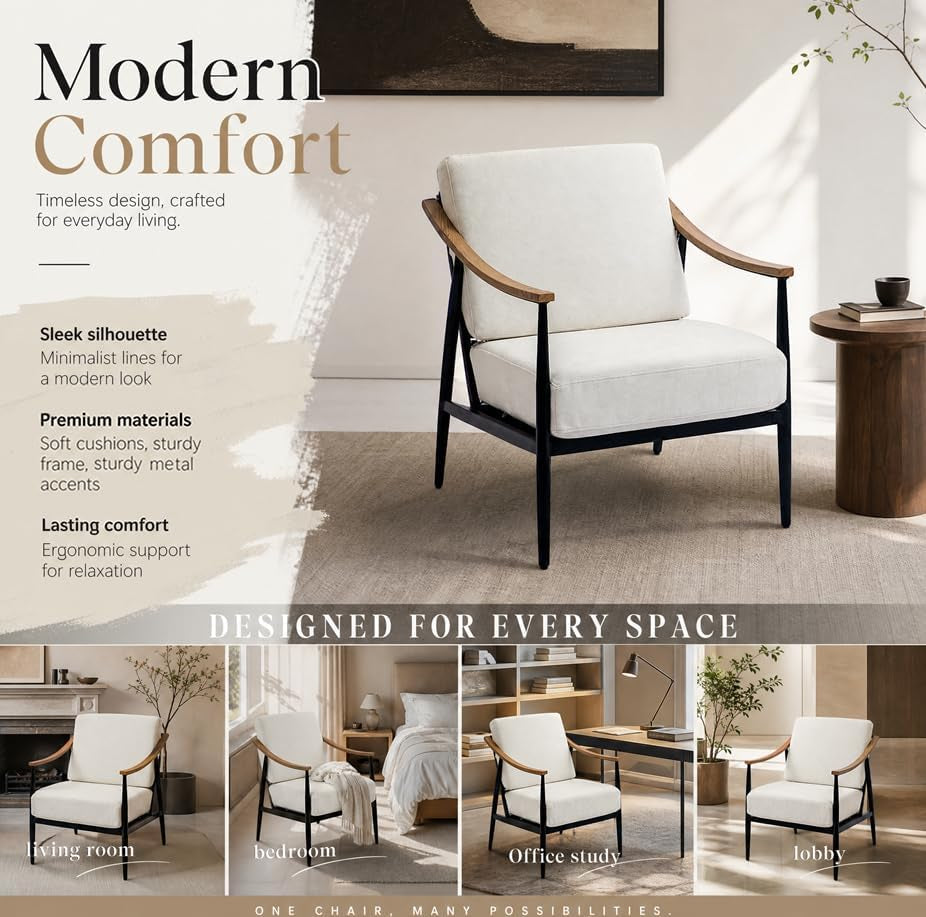 Modern Accent Chairs Set of 2 for Living Room Bedroom Mid Century Arm Chairs Upholstered Office Accent Chairs Comfy Waiting Room Chairs with Metal Frame, Cream White