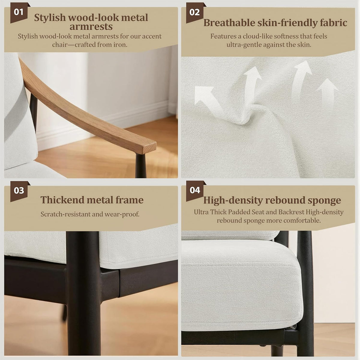 Modern Accent Chairs Set of 2 for Living Room Bedroom Mid Century Arm Chairs Upholstered Office Accent Chairs Comfy Waiting Room Chairs with Metal Frame, Cream White